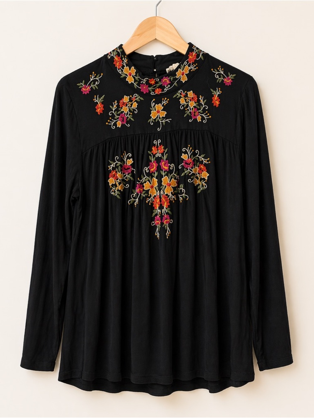 Cupio Black Embroidered Boho Blouse Floral Mock Neck Long‎ Sleeve Tunic Top L